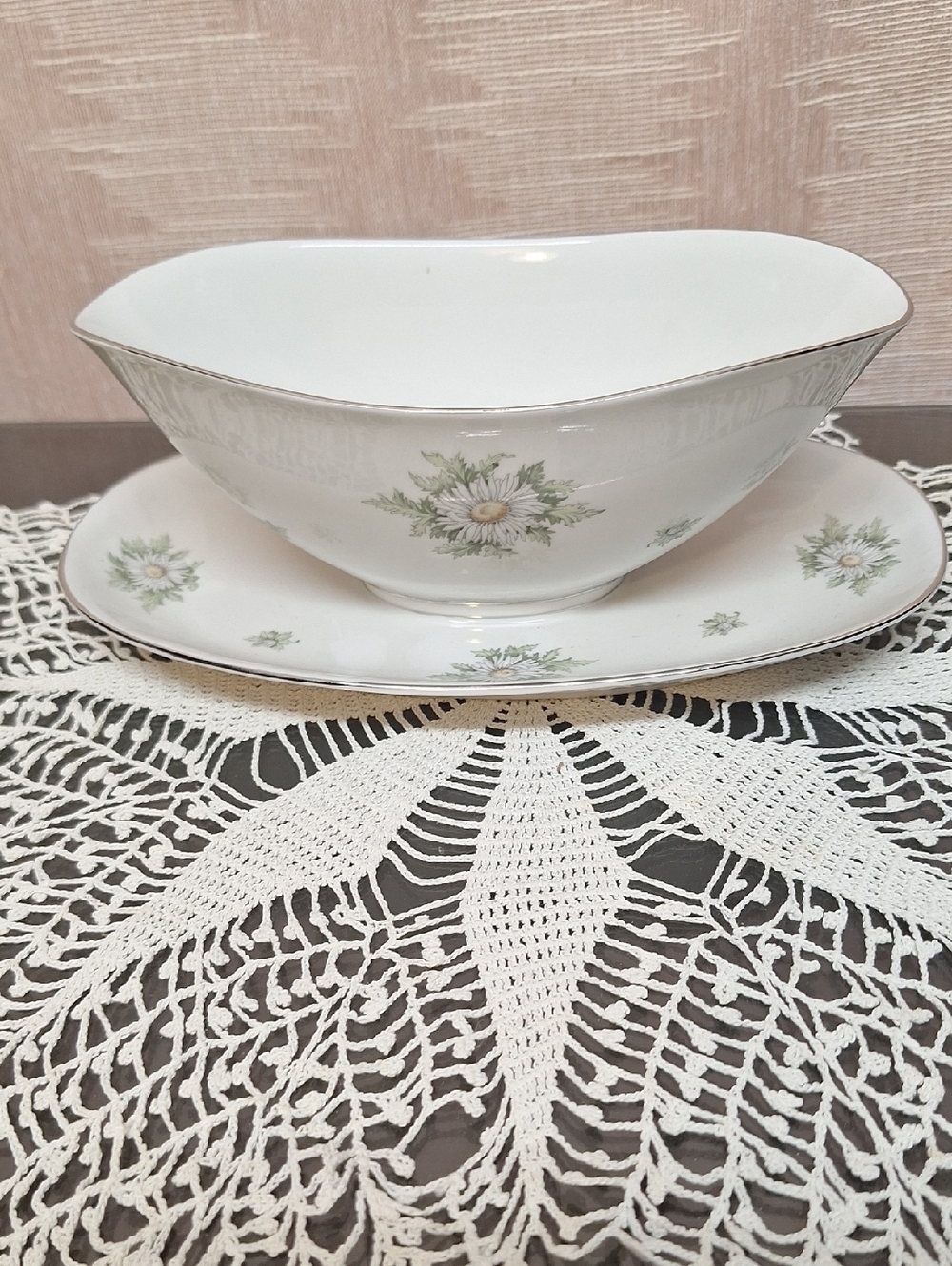 White and Green Floral Gravy Boat with Saucer - Elegant Table Serveware
